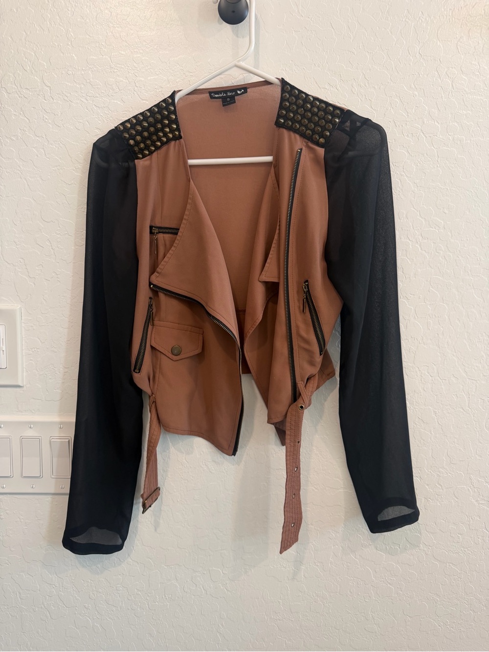Double Zero Brown Moto Style Jacket with Sheer Chiffon